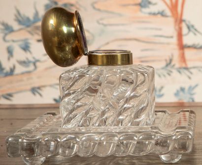 
Pair of molded crystal inkwells, round copper...