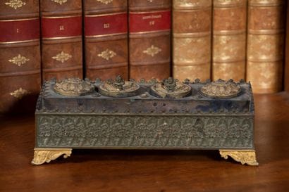 
Patinated and gilded bronze desk inkwell...