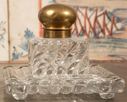 
Pair of molded crystal inkwells, round copper...