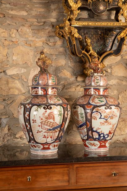 
Pair of large covered potiches in polychrome...