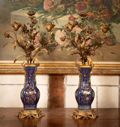 
Pair of hexagonal candelabra vases in blue-glazed...