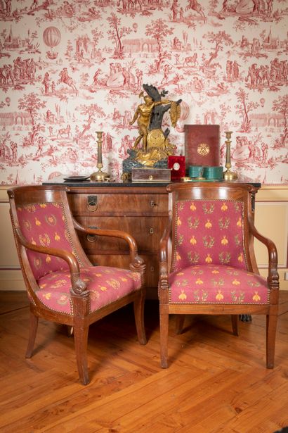 
Pair of mahogany and mahogany veneer armchairs,...