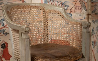 
Grey lacquered wood office armchair, cane...