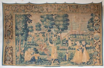 
Tapestry depicting gallant scenes in a wooded...