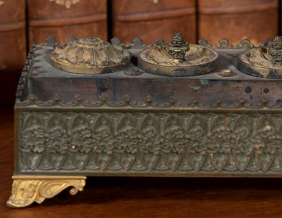 
Patinated and gilded bronze desk inkwell...