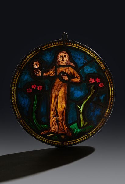 Rare Rondel en verres de couleurs rouge,...