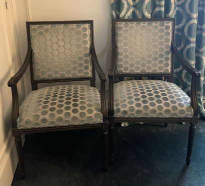 Pair of square-backed armchairs in dark stained...