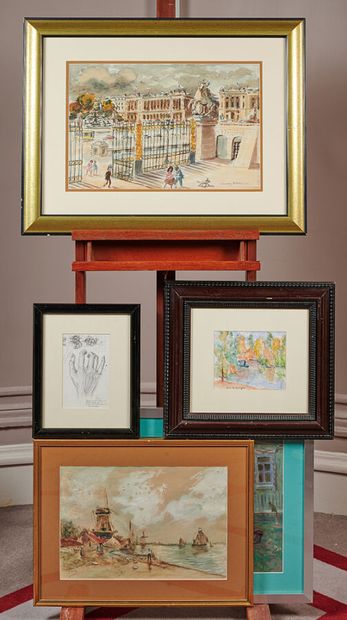 Lot of 27 watercolors, gouaches and framed...