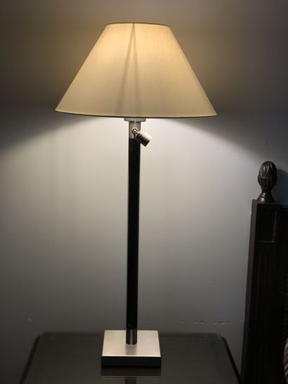 Pair of bedside lamps, metal base, dark stained...