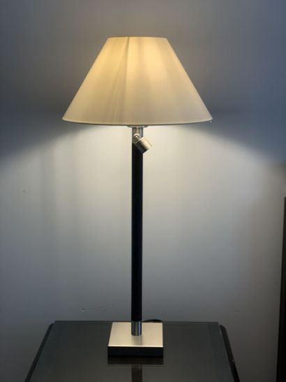 Pair of bedside lamps, metal base, dark stained...