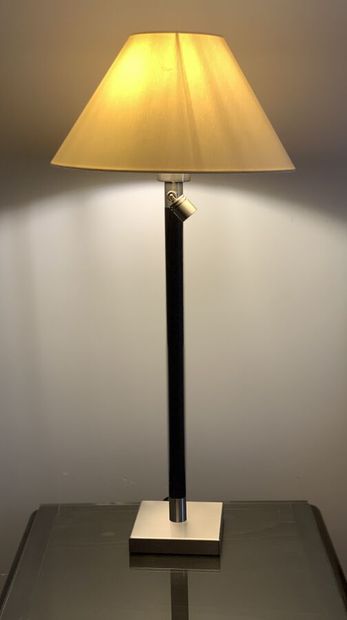 Pair of bedside lamps, metal base, dark stained...