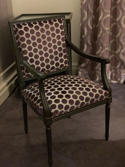Dark stained wood armchair with square backs,...