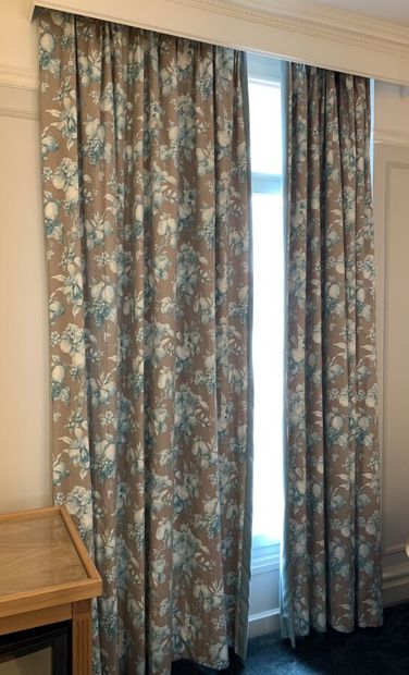 Pair of lined curtains, turquoise fruit and...