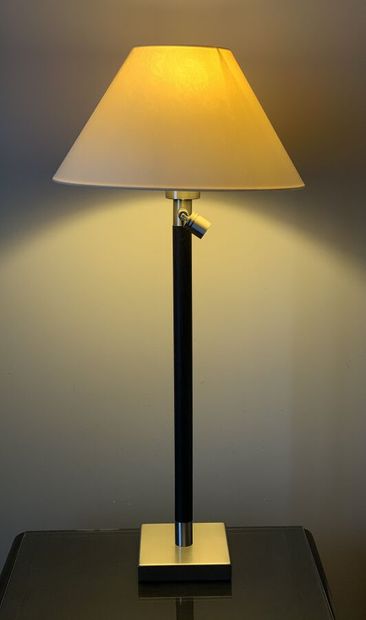 Pair of bedside lamps, metal base, dark stained...
