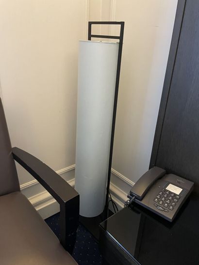 Metal structure lamp with a blue shade