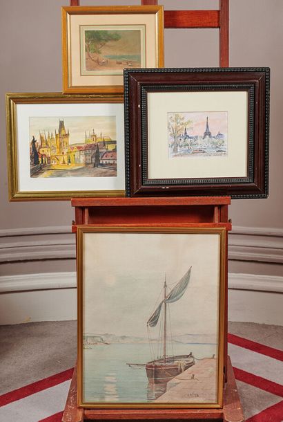 Lot of 22 framed pieces: watercolors, oils...