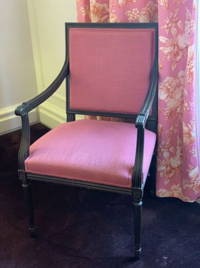 Dark stained wood armchair with square back,...