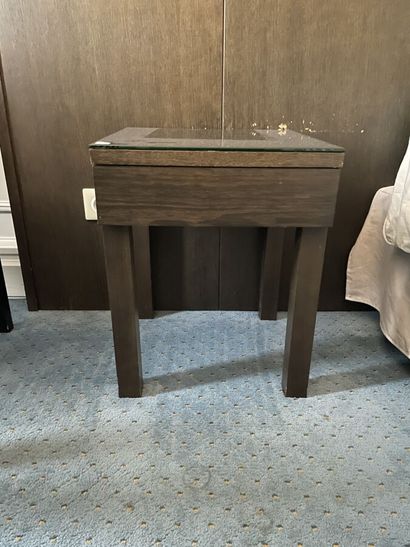 Two dark wood bedsides with a drawer and...