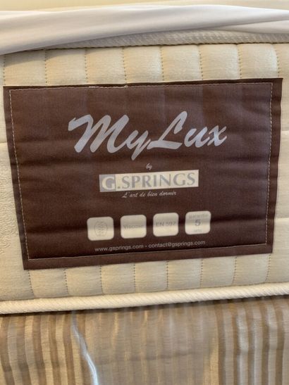 A double bed, rests on two box springs, headboard...