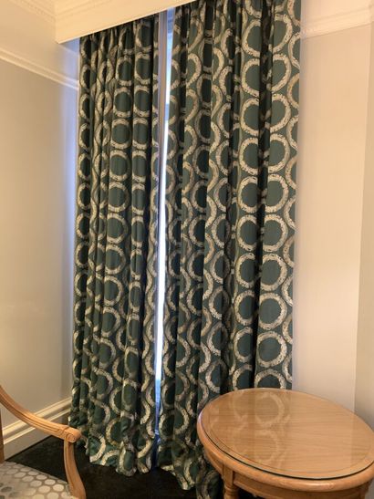 Pair of lined curtains, green and turquoise...