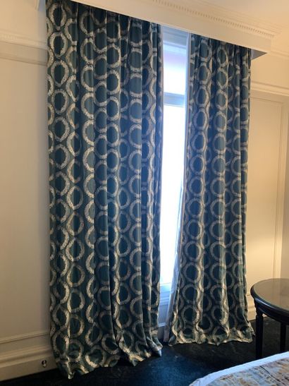 Two pairs of lined curtains, turquoise green...