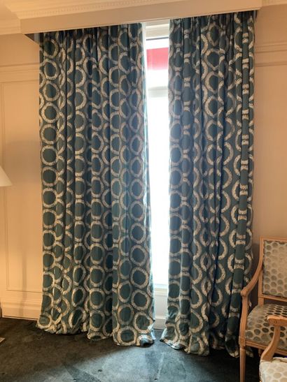 Pair of lined curtains, turquoise green fabric...