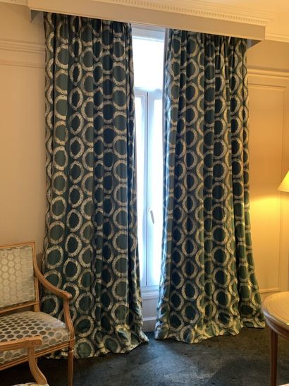 Pair of lined curtains, green/turquoise fabric...