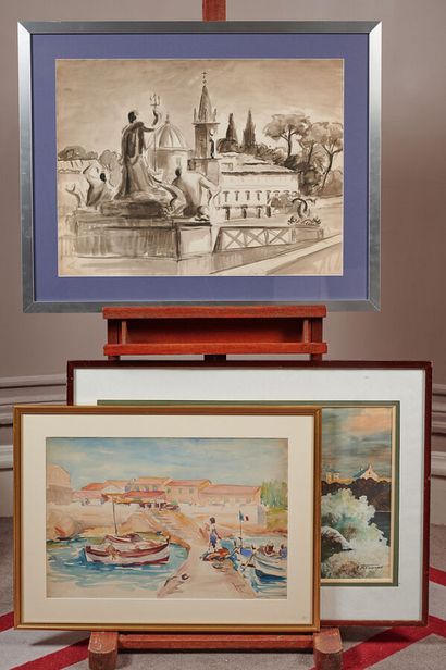 Lot of 7 framed pieces: watercolors, oils...