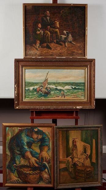 Lot de quatre huiles sur toile et panneau...