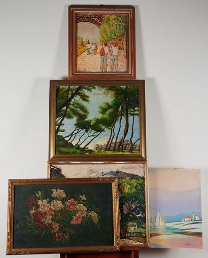 Lot de cinq huiles sur toile et panneau :

-...