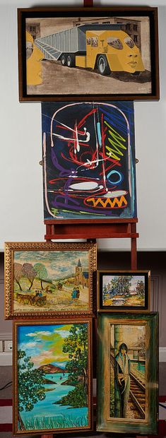Lot de six huiles sur toile et panneau: abstractions,...