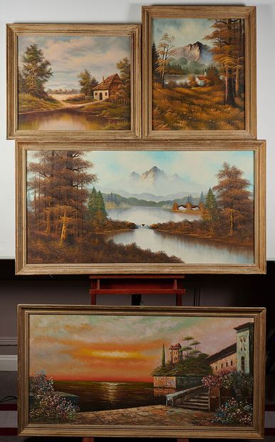 Ensemble de quatre huiles sur toile représentant...