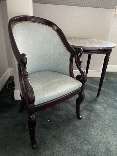 Restoration style swan neck armchair upholstered...