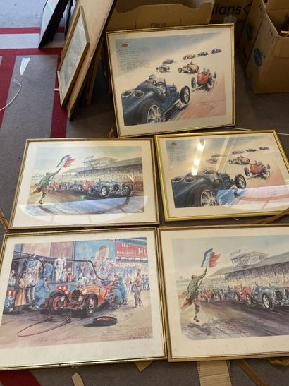 Lot of five framed pieces representing car...