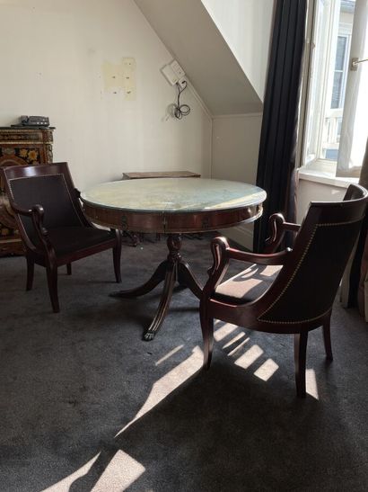 English style pedestal table, leather top...
