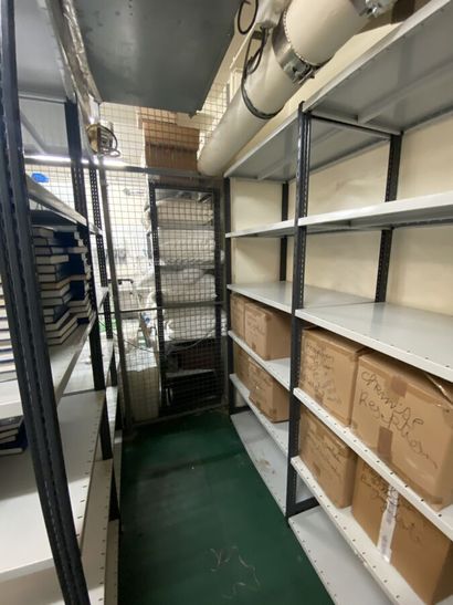 Grey lacquered metal shelves including: 14...