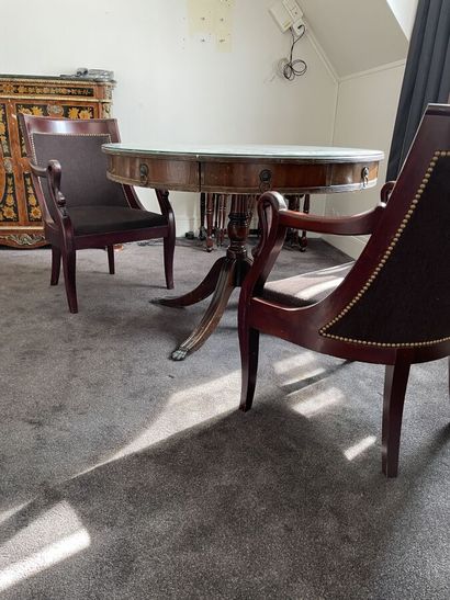 English style pedestal table, leather top...