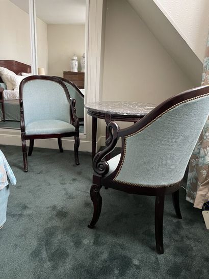Two swan neck armchairs of Restoration style...