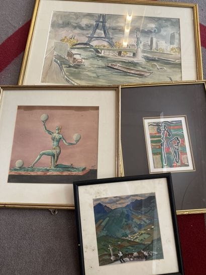 Lot of 4 framed pieces: French school of...