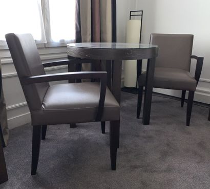 Four-legged pedestal table in black stained...