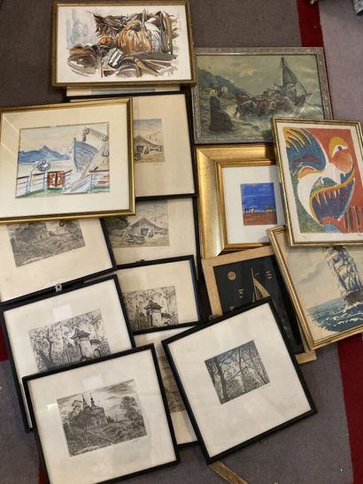 Lot of 20 framed pieces of various subje...