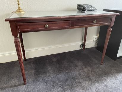 Louis XVI style desk in inlaid wood, glass...