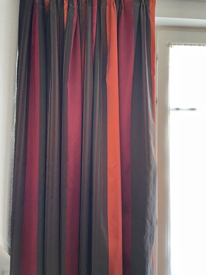Two pairs of curtains in red and brown striped...