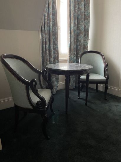 Two Restoration style swan neck armchairs...