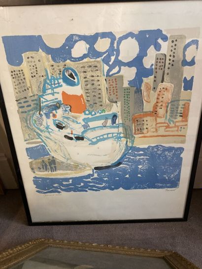 Lot of 14 large framed pieces including lithographs...