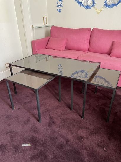 Coffee table and two sofa ends, metal structure,...