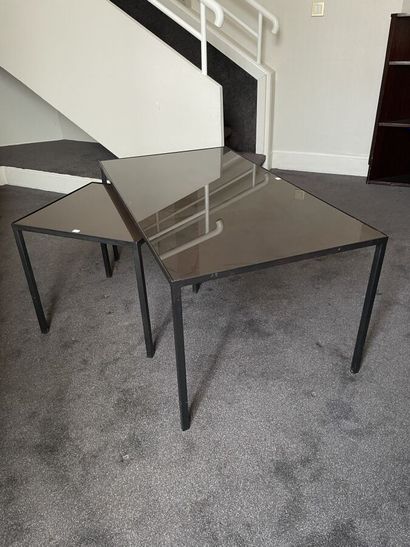 Two coffee tables with metal structure, glass...