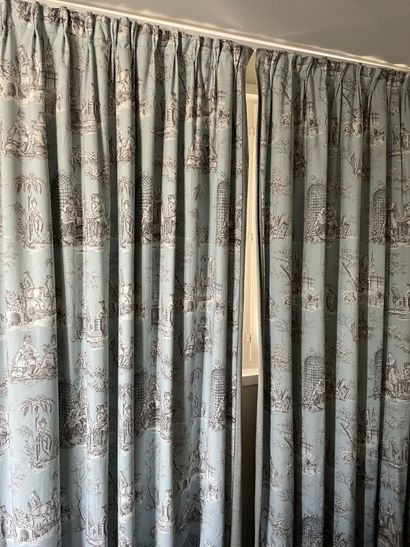Four pairs of curtains in toile de Jouy with...