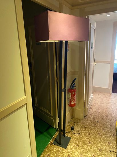
Large metallic floor lamp with mauve shade

Height...