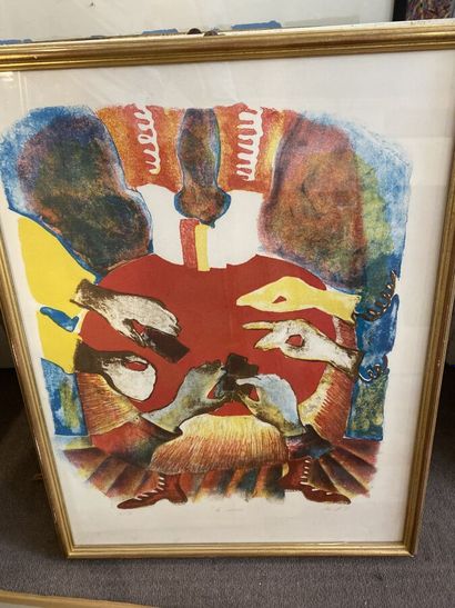 Lot of 14 large framed pieces including lithographs...
